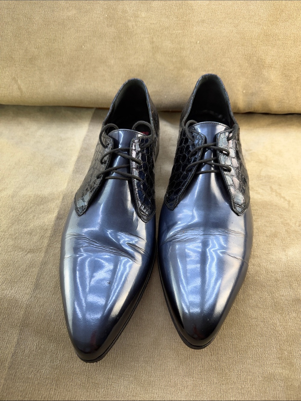 Men's Navy Gloss Leather Lace-Up Oxfords - Picture 2 of 8